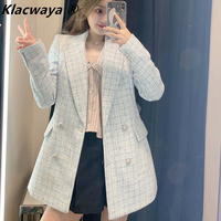 Za 2021 kobiet marynarkę tweedowy blezer kobiet kurtka Femme Plaszcz Wiosenny Damski Sobrecamisa Cuadros Plaid kratkę marynarka 1
